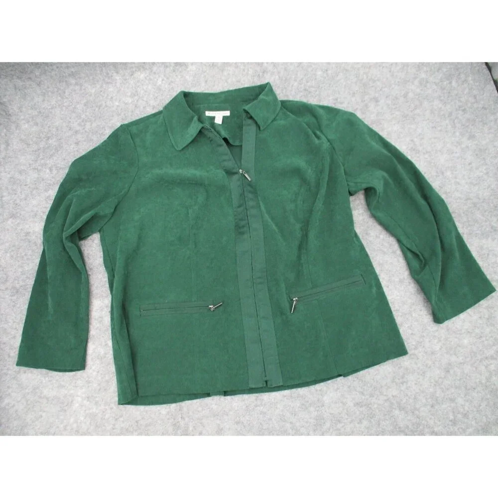 JM Collection Womens Blazer 18W Green Zip Up Long Sleeves Preppy Zip Pockets
